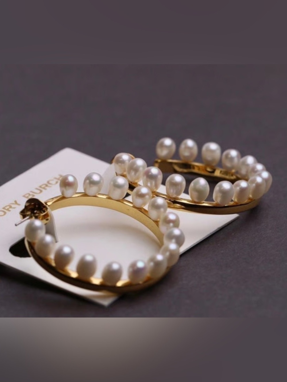 Tory Burch Gold Hoop Earrings with White Pearls - Picture 3 of 4